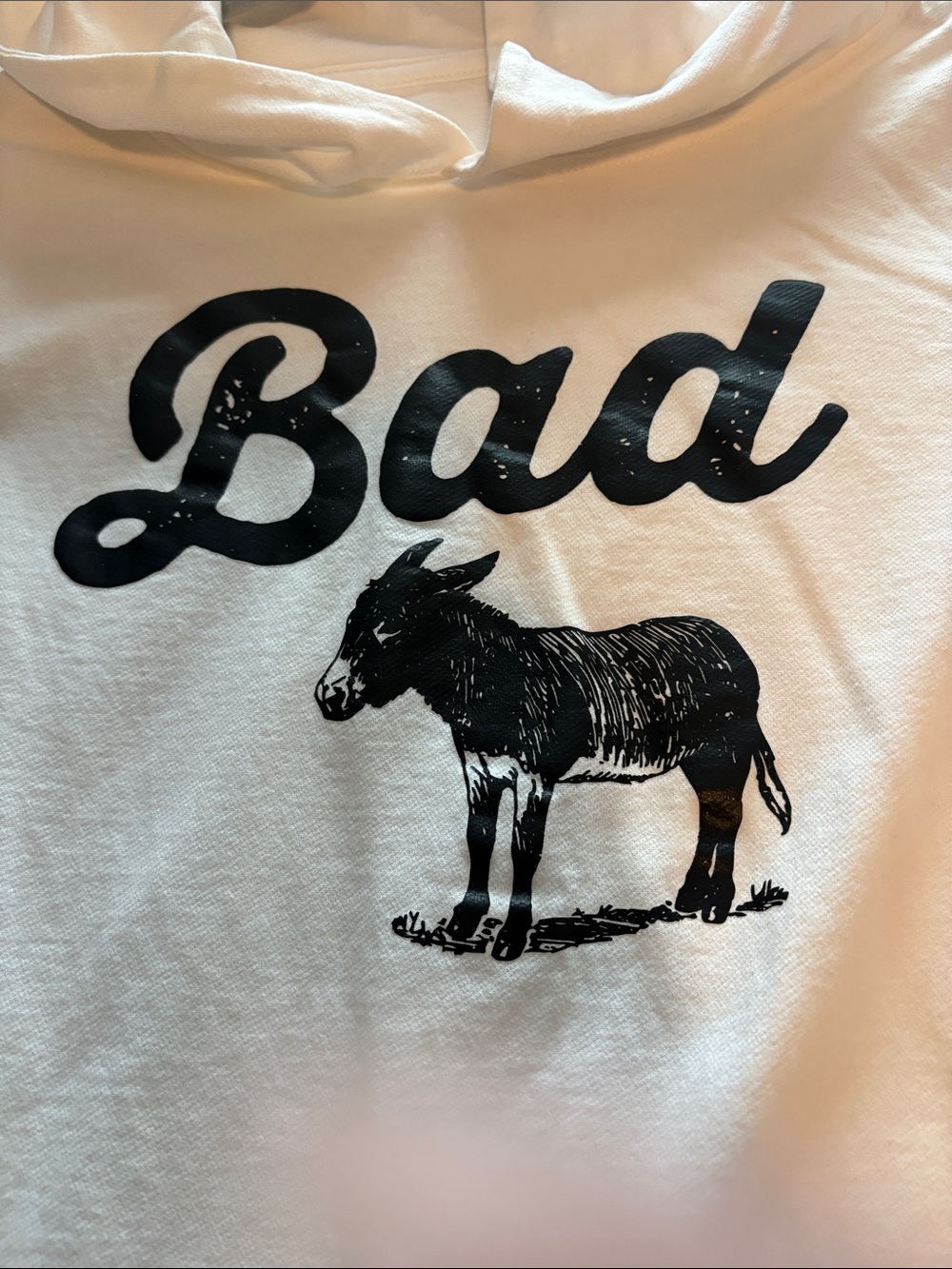 White "Bad" Graphiclight weight cotton  Hoodie with Donkey Print - Picture 2 of 3